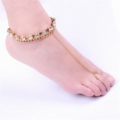 Cubic Zirconia & 18K Gold-Plated Figaro Layer Anklet & Toe Ring Set