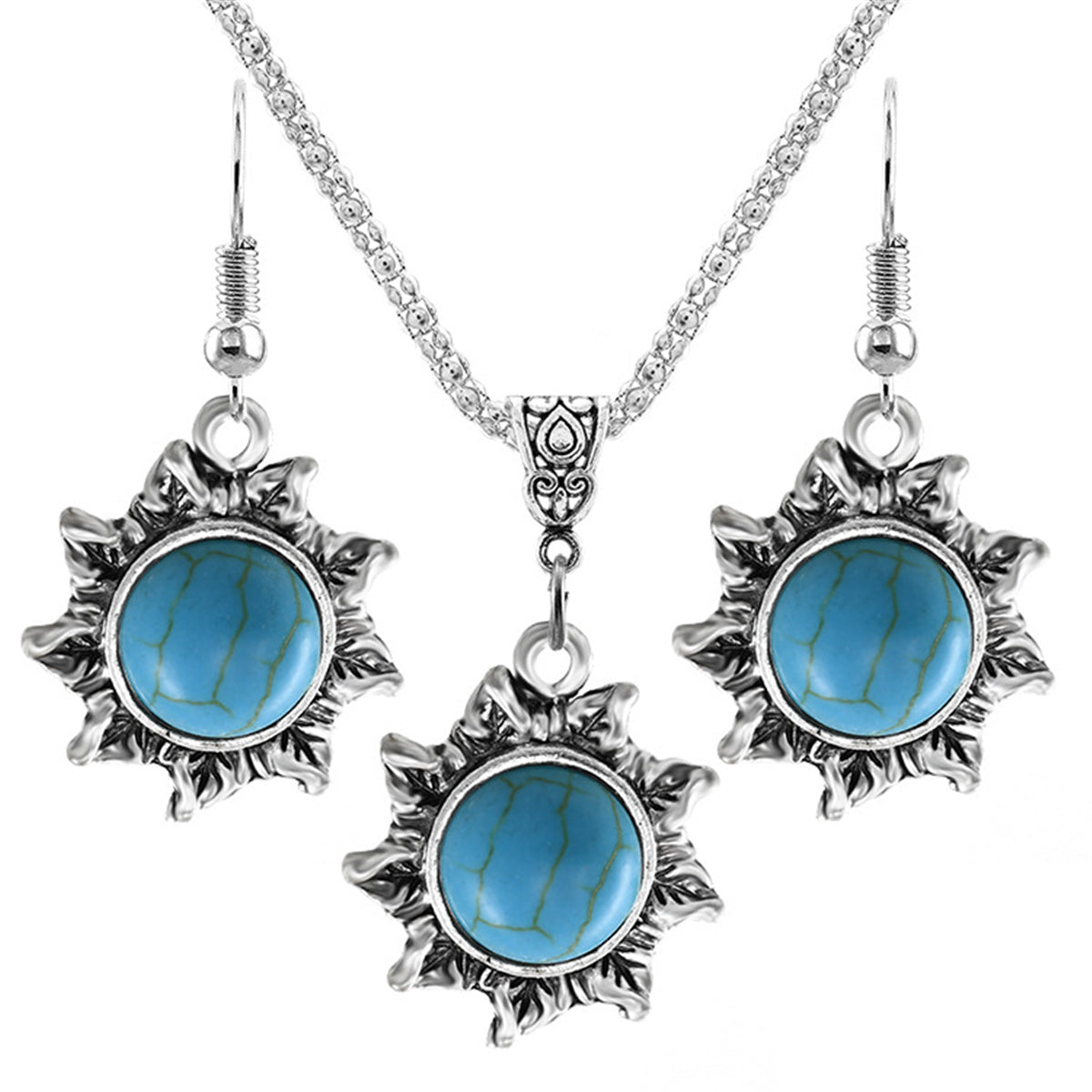 Turquoise & Silver-Plated Sun Pendant Necklace & Earrings