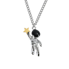 Black Enamel & Two Tone Astronaut Star Pendant Necklace