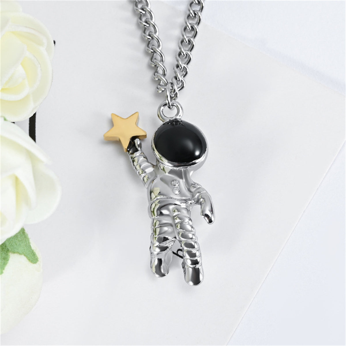 Black Enamel & Two Tone Astronaut Star Pendant Necklace