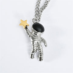 Black Enamel & Two Tone Astronaut Star Pendant Necklace