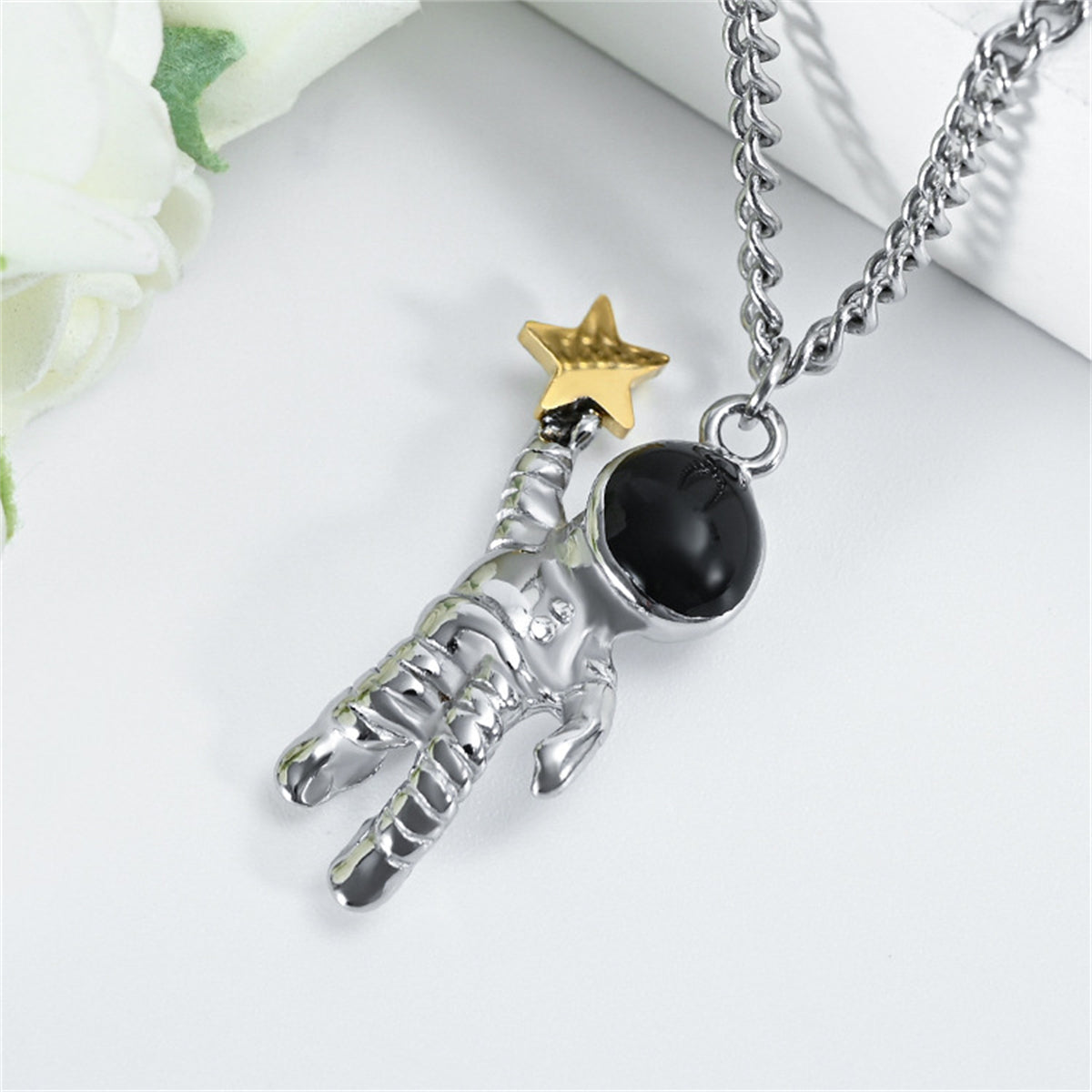 Black Enamel & Two Tone Astronaut Star Pendant Necklace