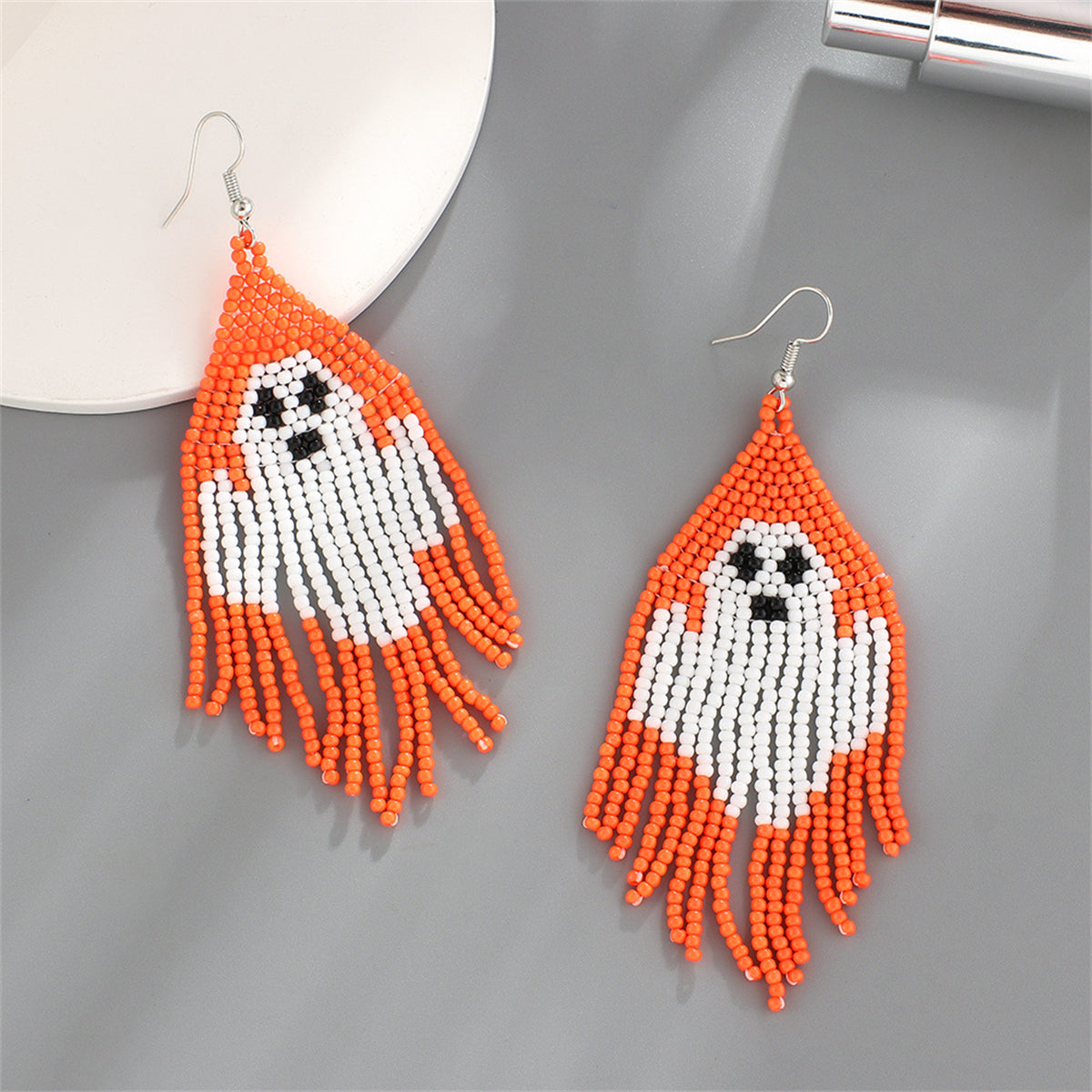 Orange Howlite & Silver-Plated Ghost Tassel Drop Earrings