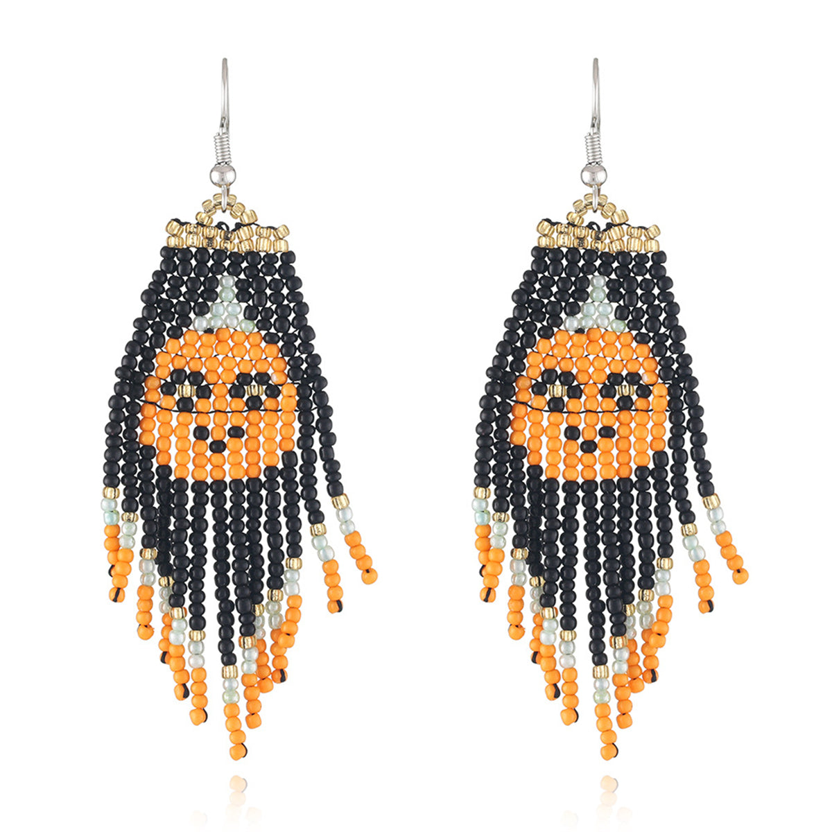 Black Howlite & Silver-Plated Pumpkin Tassel Drop Earrings