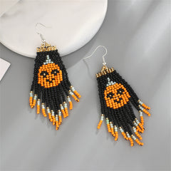 Black Howlite & Silver-Plated Pumpkin Tassel Drop Earrings