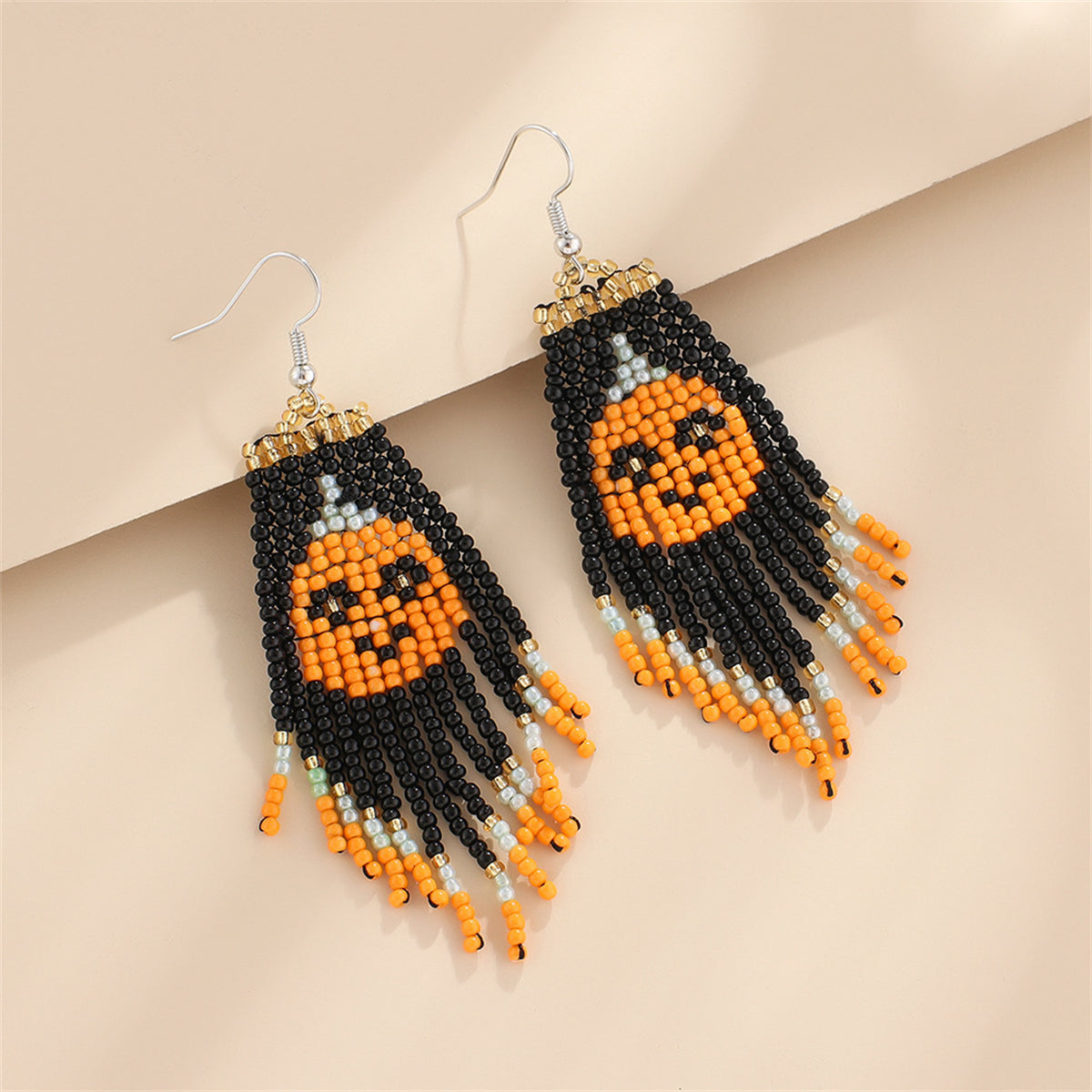 Black Howlite & Silver-Plated Pumpkin Tassel Drop Earrings