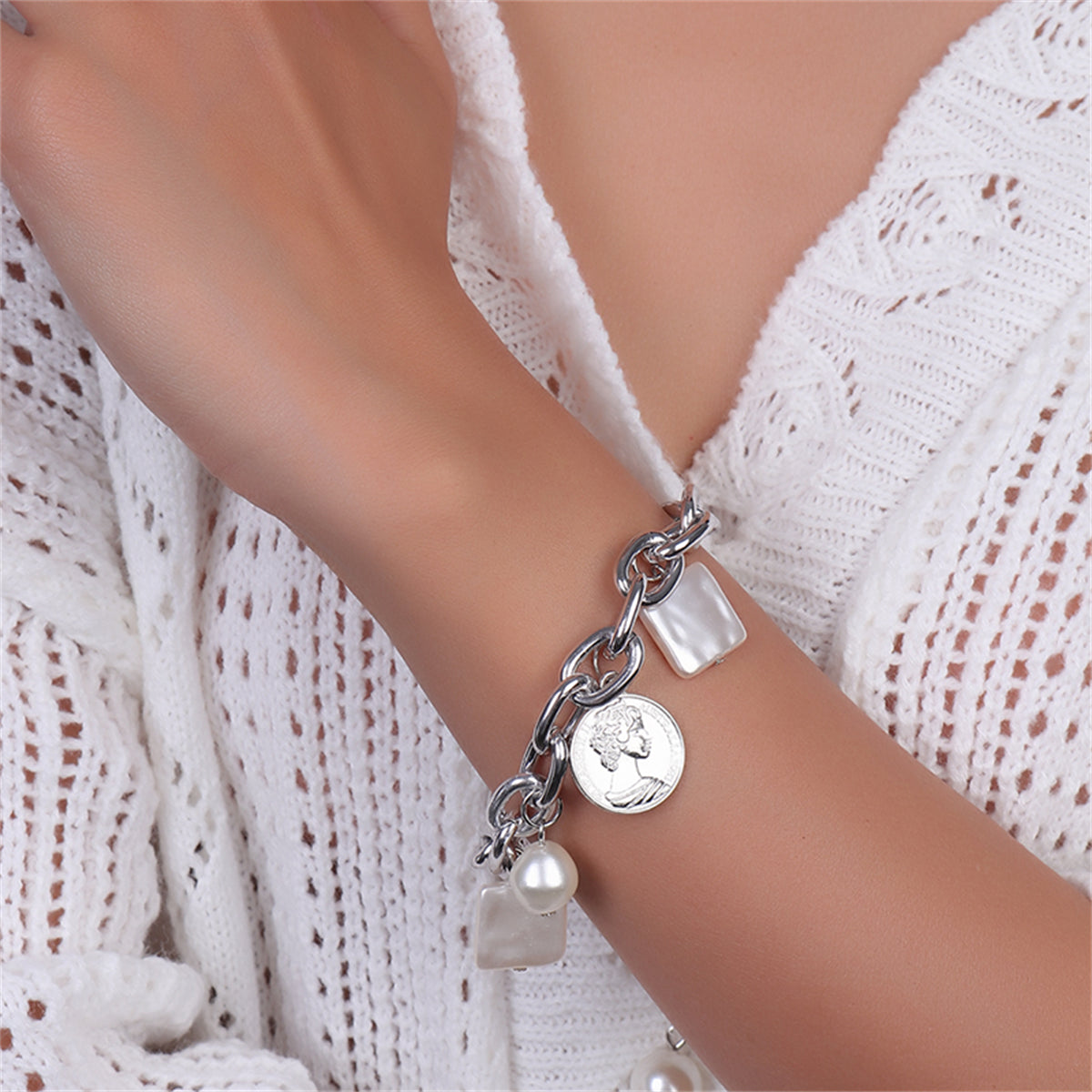 Pearl & Silver-Plated Cable Chain Coin Charm Bracelet