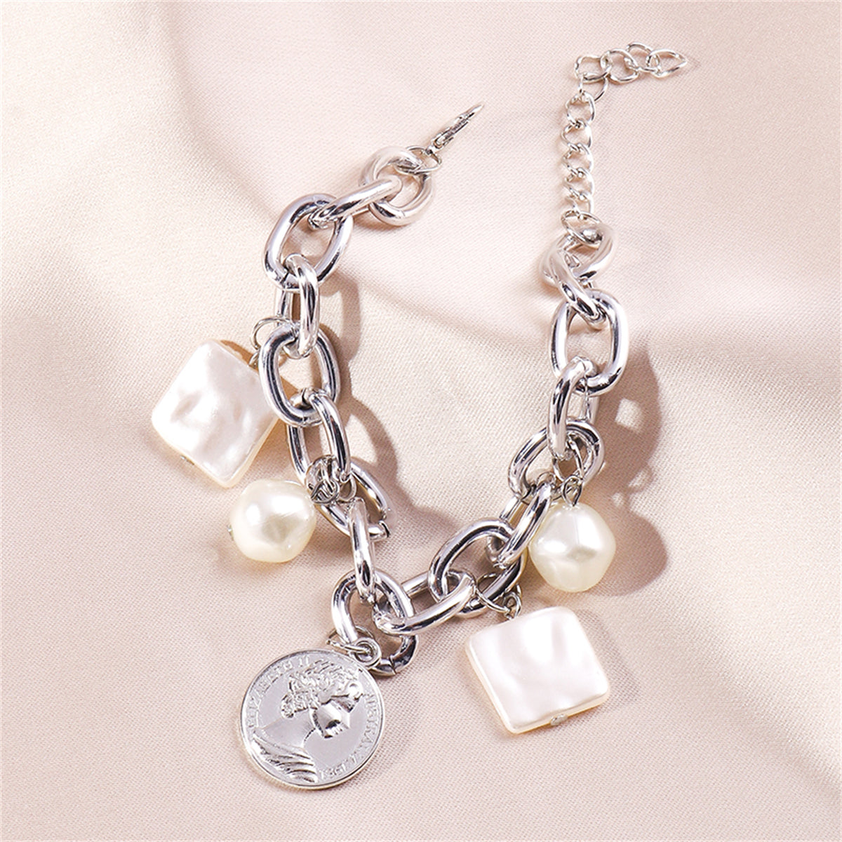 Pearl & Silver-Plated Cable Chain Coin Charm Bracelet