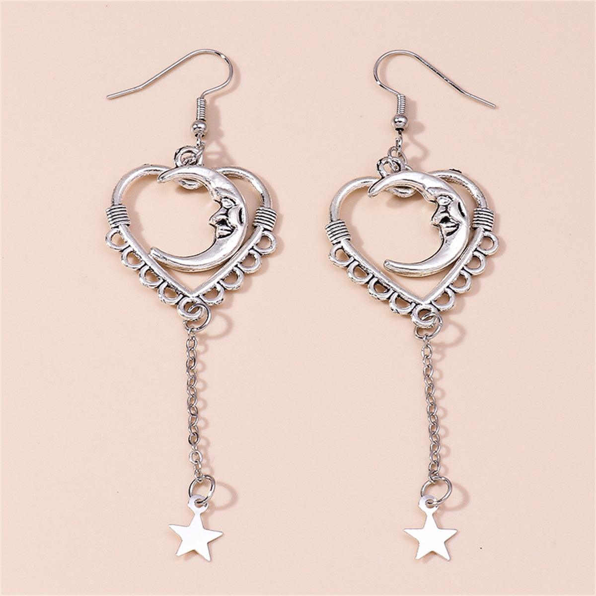 Silver-Plated Moon Heart Star Drop Earrings