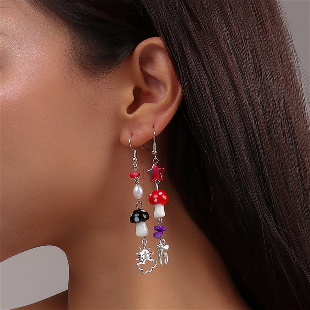 Red Resin & Silver-Plated Mushroom Teeth Drop Earrings