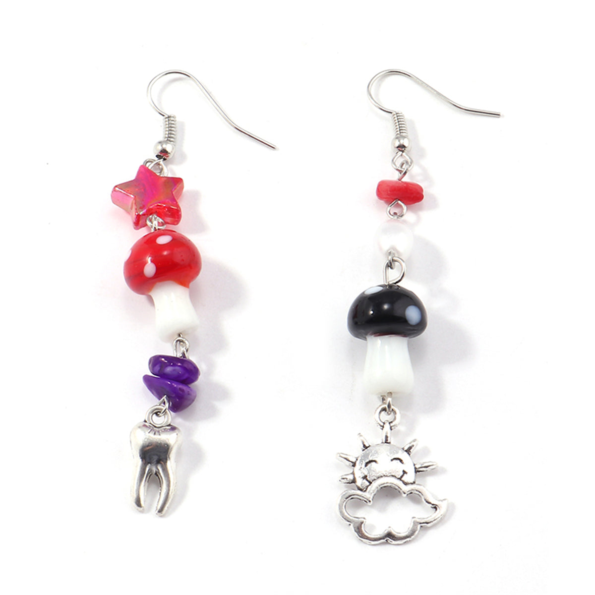 Red Resin & Silver-Plated Mushroom Teeth Drop Earrings