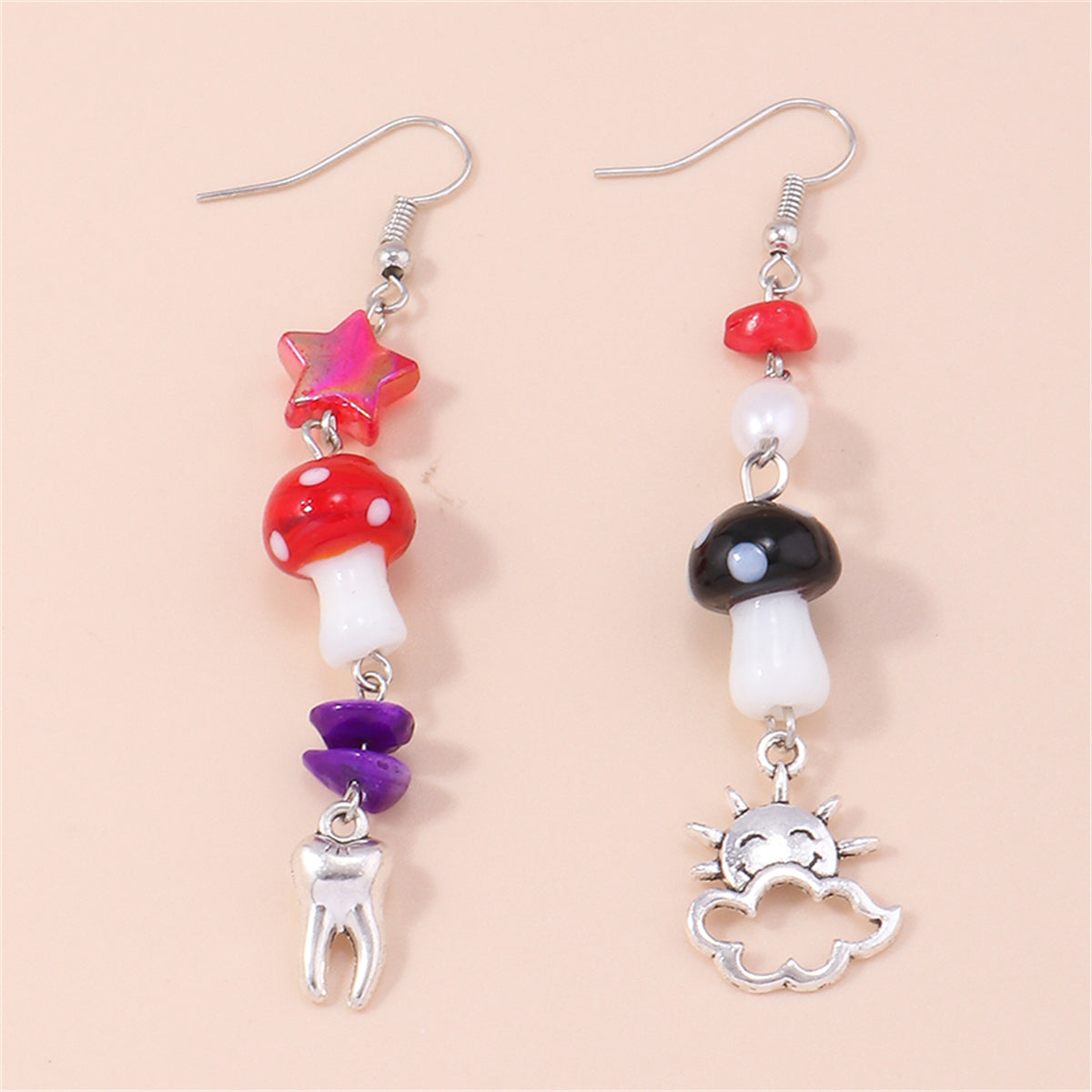 Red Resin & Silver-Plated Mushroom Teeth Drop Earrings