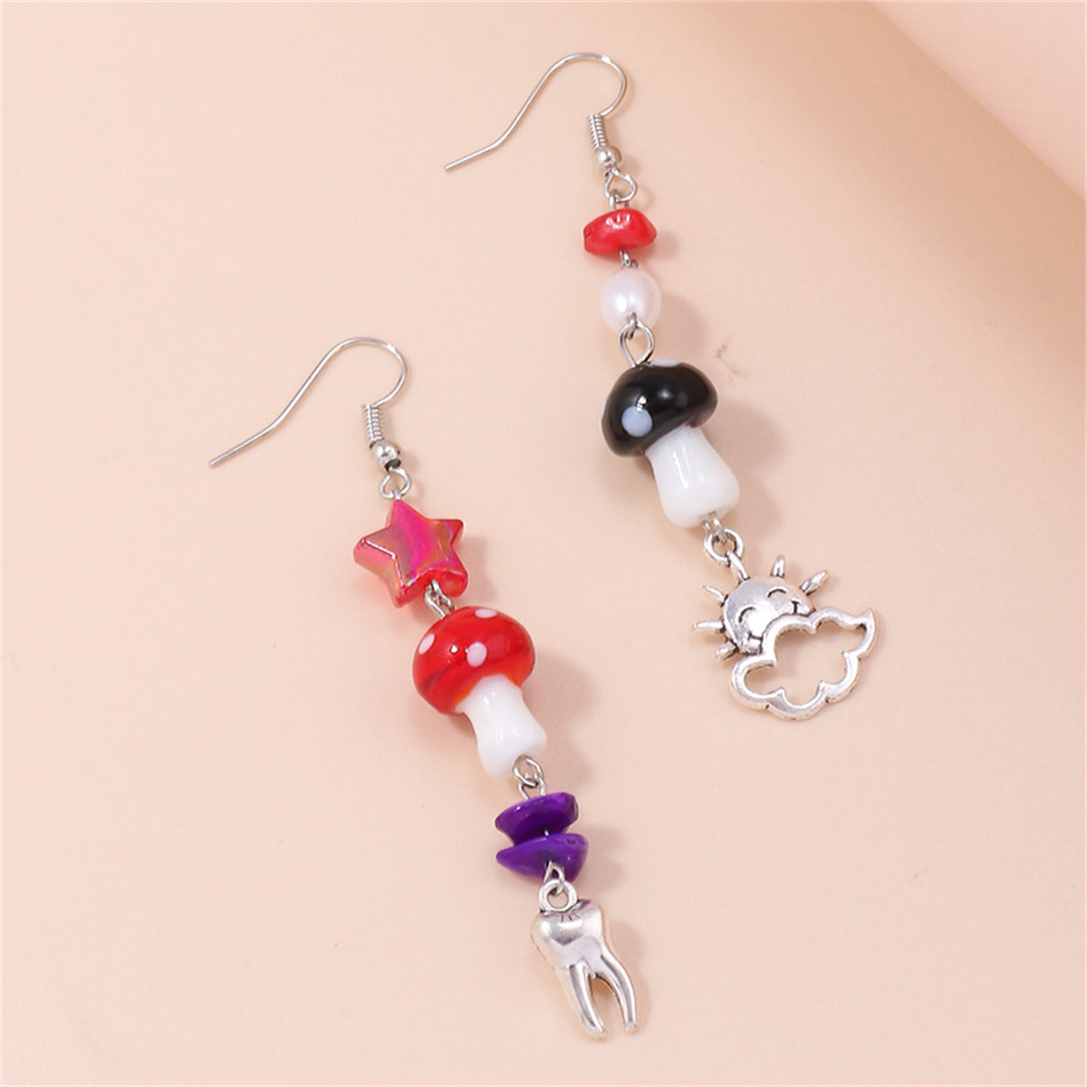 Red Resin & Silver-Plated Mushroom Teeth Drop Earrings