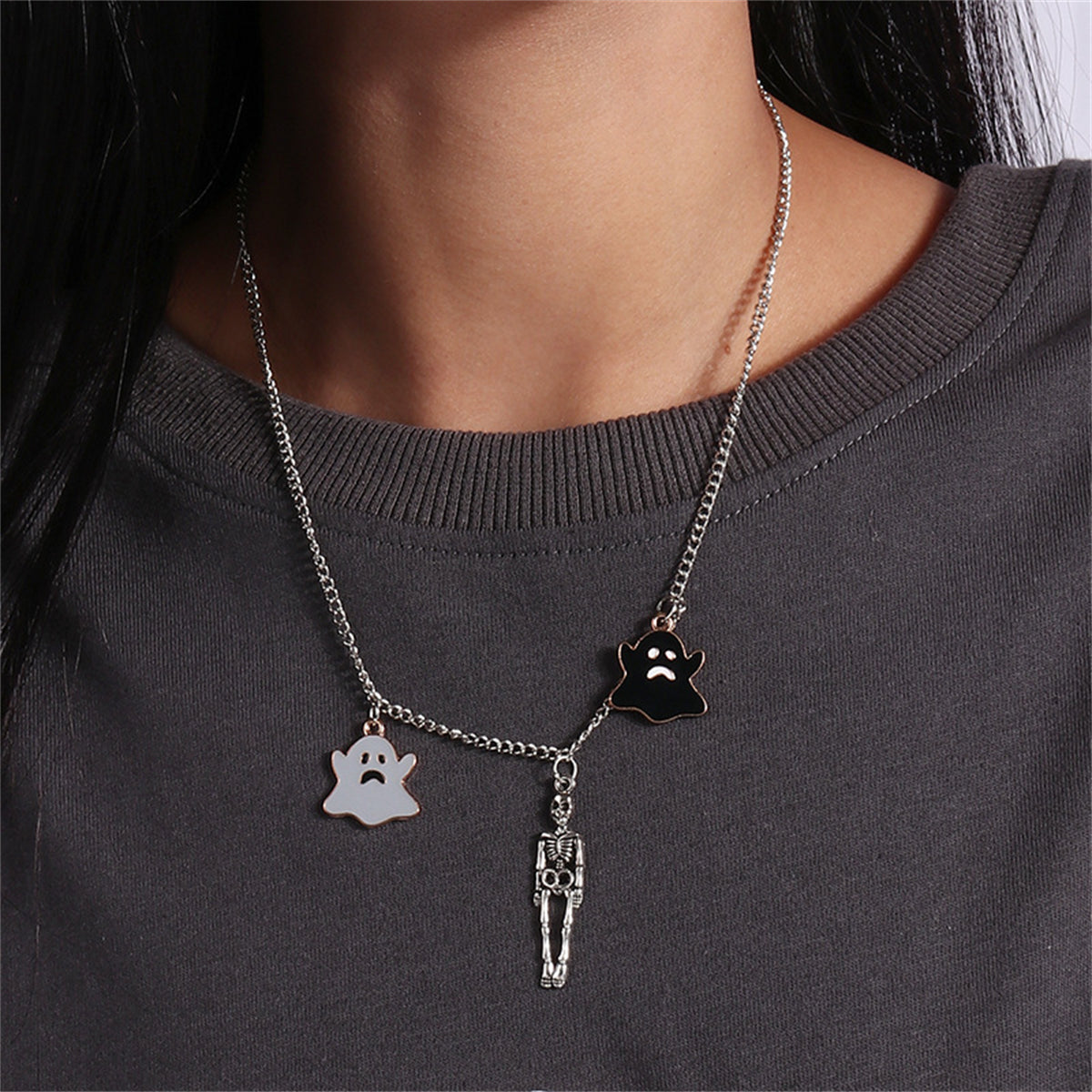 Black Enamel & Silver-Plated Ghost Skeleton Pendant Necklace