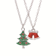 Green Silver-Plated Christmas Tree & Bells Pendant Necklace Set