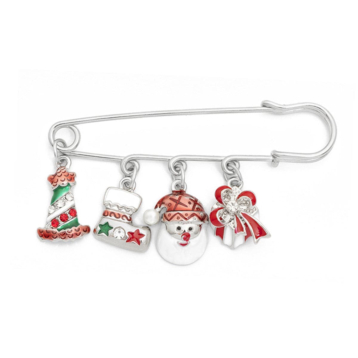 Cubic Zirconia & Silver-Plated Santa Charm Pin Brooch