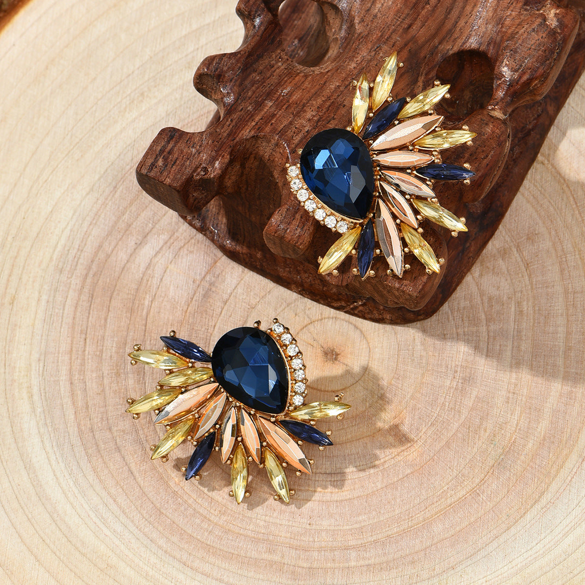 Navy Crystal & Cubic Zirconia Botanical Stud Earrings