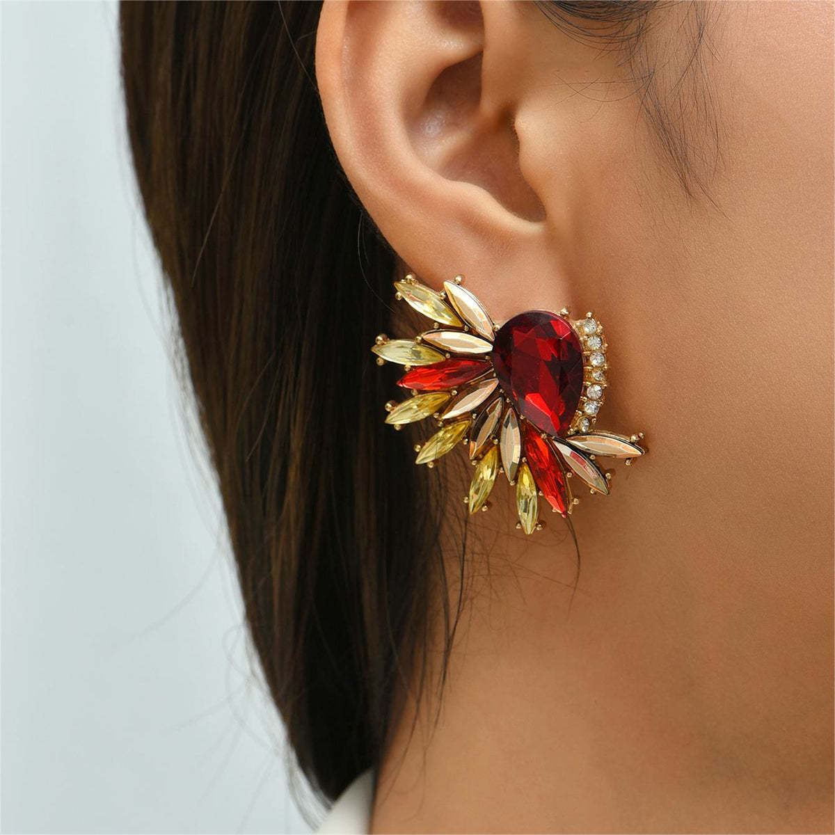 Red Crystal & Cubic Zirconia Botanical Stud Earrings