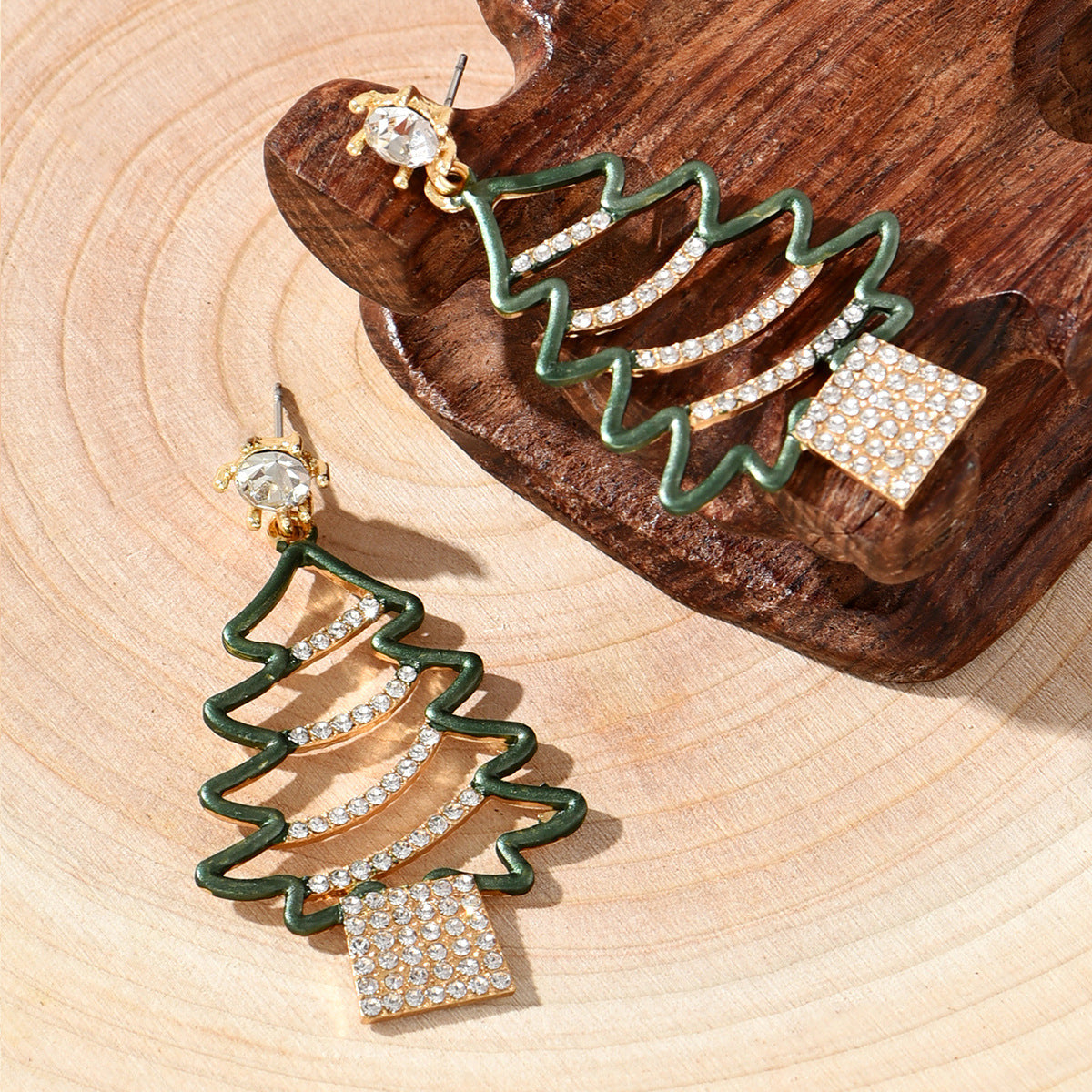 Cubic Zirconia & 18K Gold-Plated Openwork Christmas Tree Drop Earrings