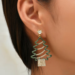 Cubic Zirconia & 18K Gold-Plated Openwork Christmas Tree Drop Earrings