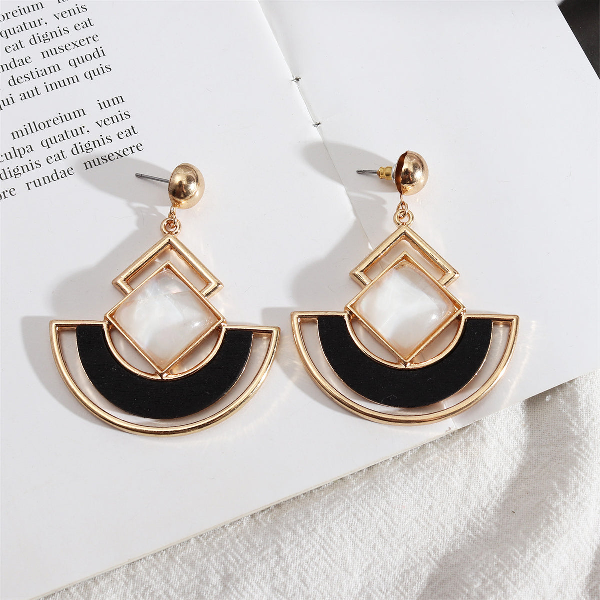 White Shell & Wood 18K Gold-Plated Rhombus Fan Drop Earrings