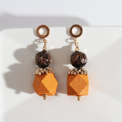 Yellow Wood & Quartz Geometric Drop Earrings