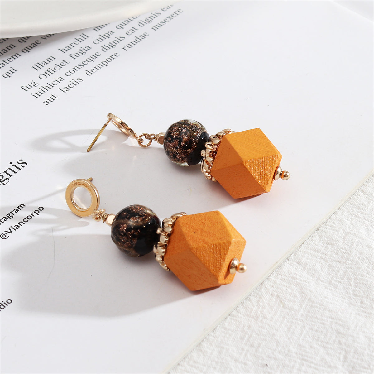 Yellow Wood & Quartz Geometric Drop Earrings