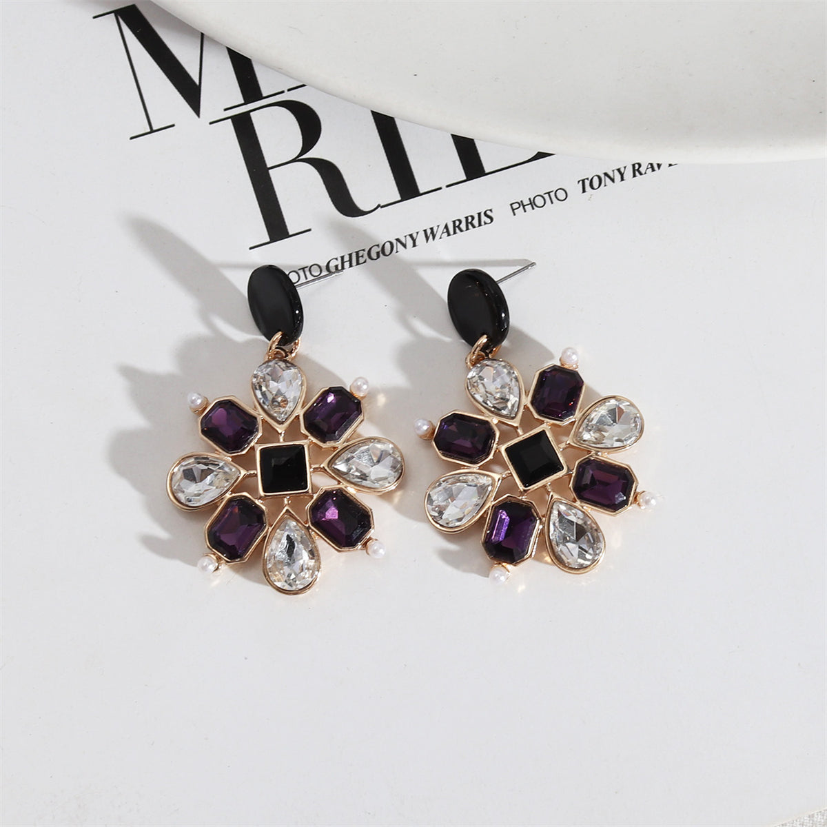 Purple Crystal & Acrylic Botanical Drop Earrings