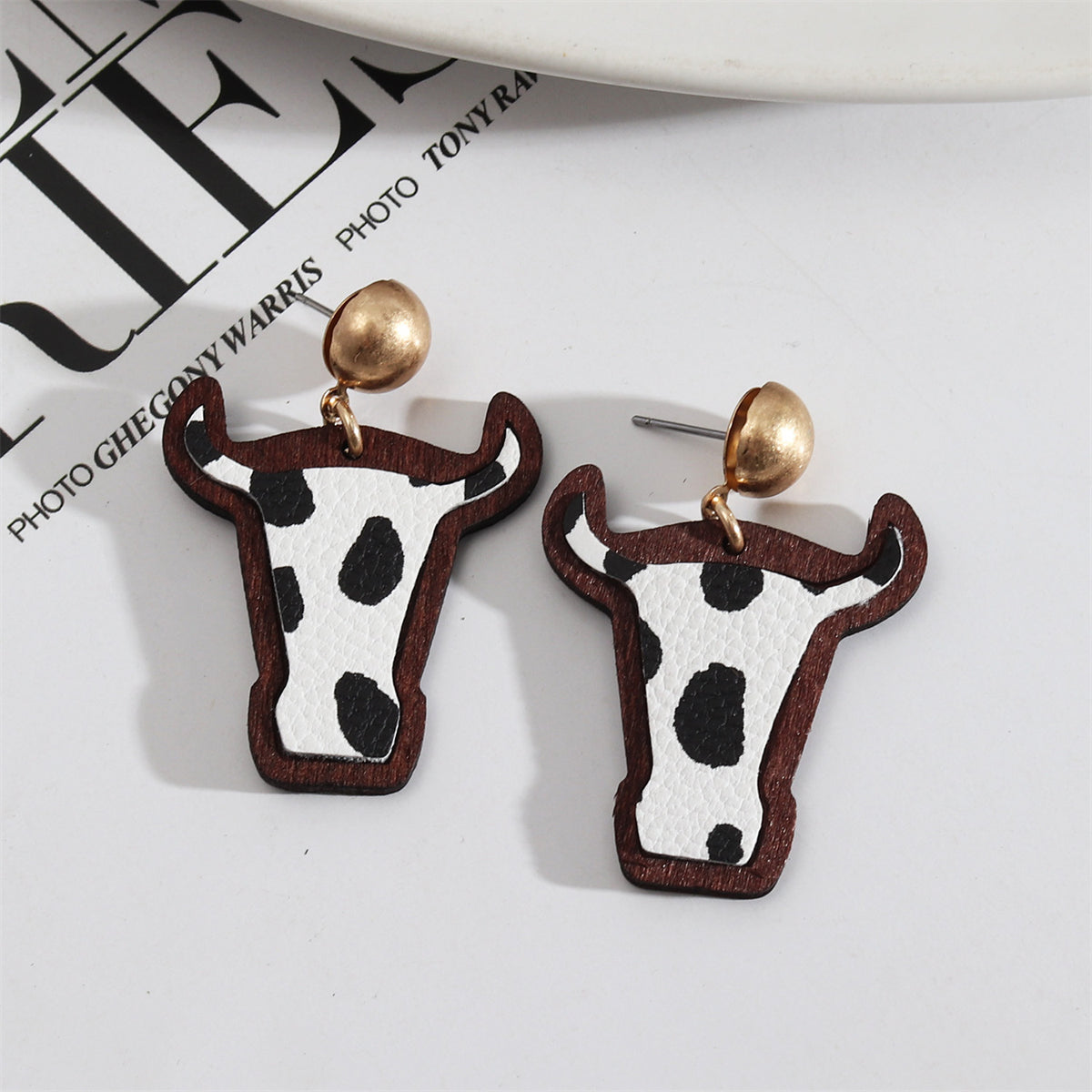 Black & White Polystyrene & Wood Cattle Drop Earrings