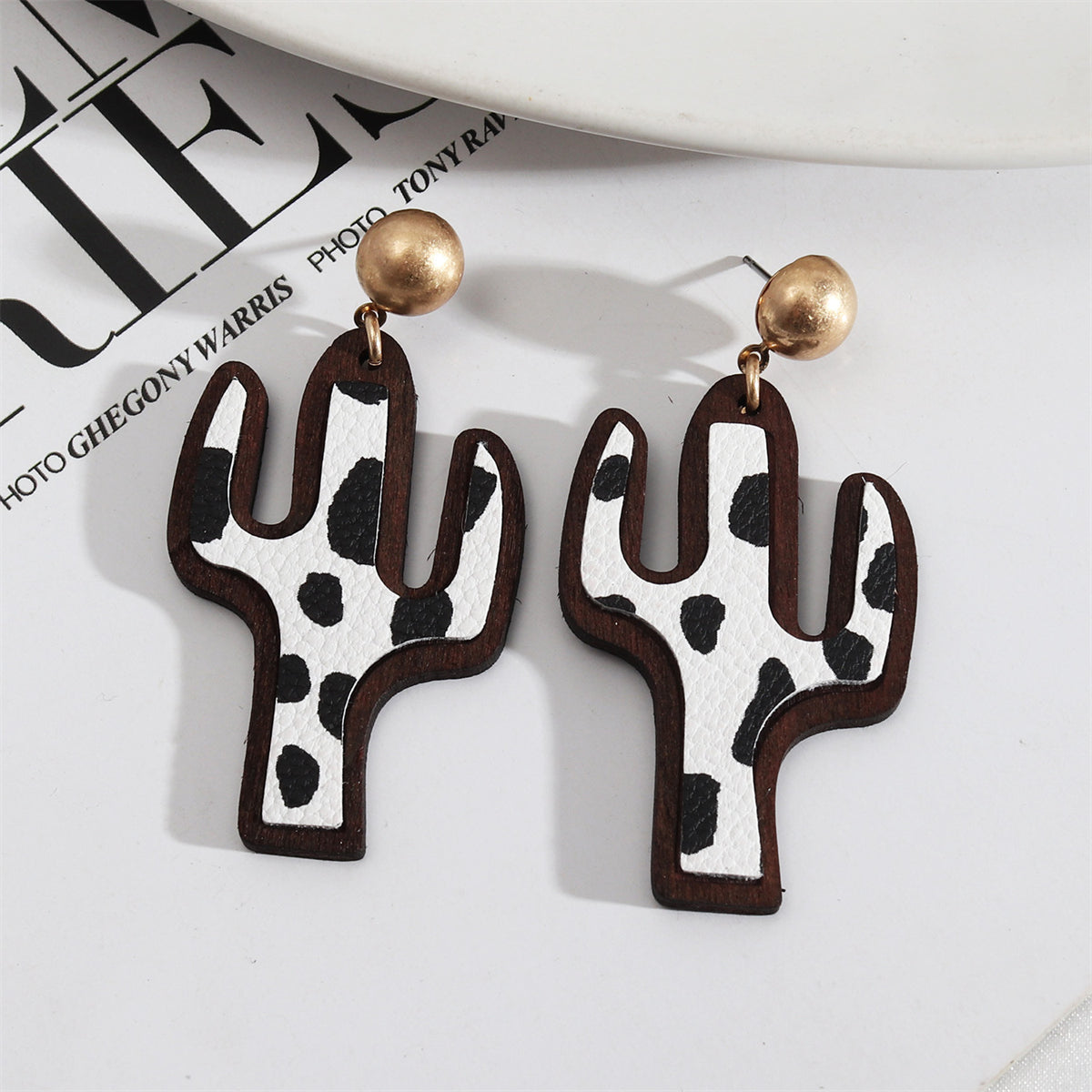 Black & White Polystyrene Cow-Print Cactus Drop Earrings