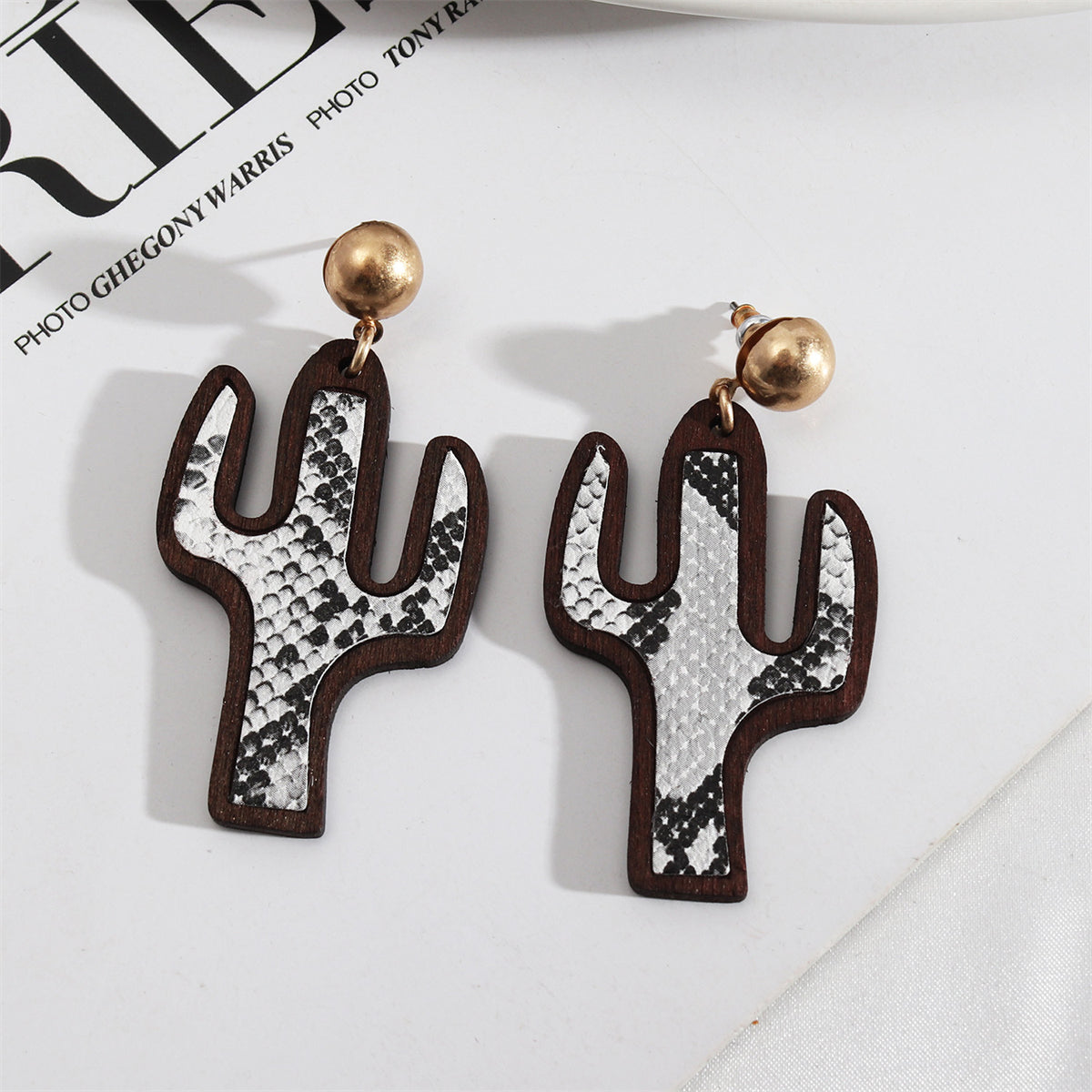 White Polystyrene & Wood 18K Gold-Plated Serpentine Cactus Drop Earrings