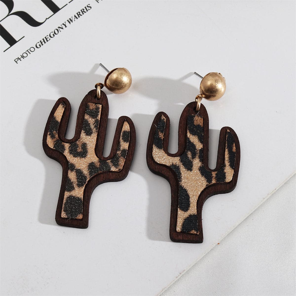 Beige & Black Polystyrene Leopard Cactus Drop Earrings