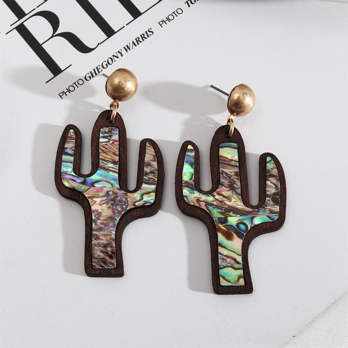 Abalone Shell & Wood Cactus Drop Earrings