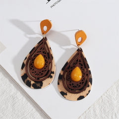 Yellow Resin & Wood Leopard Teardrop Earrings