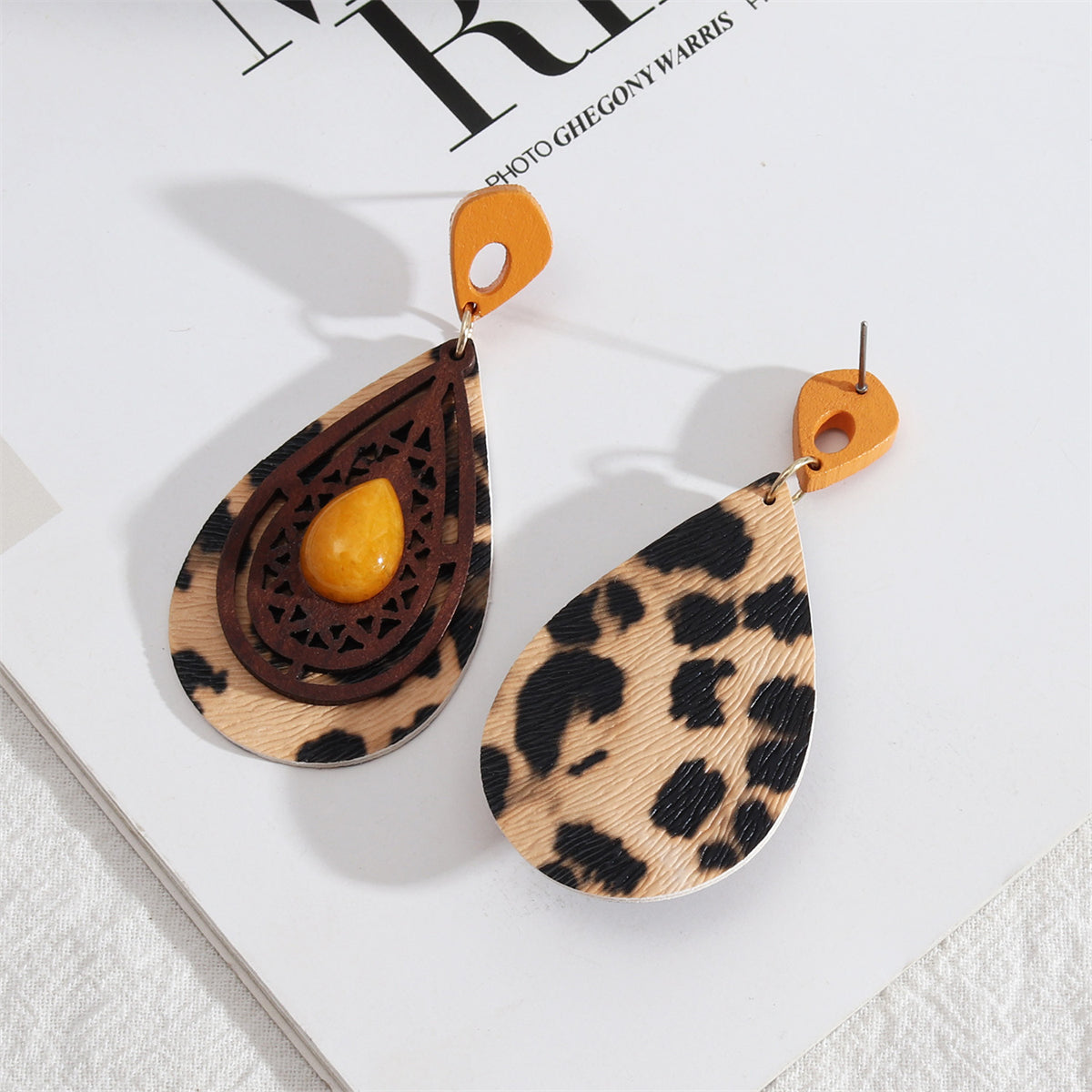 Yellow Resin & Wood Leopard Teardrop Earrings