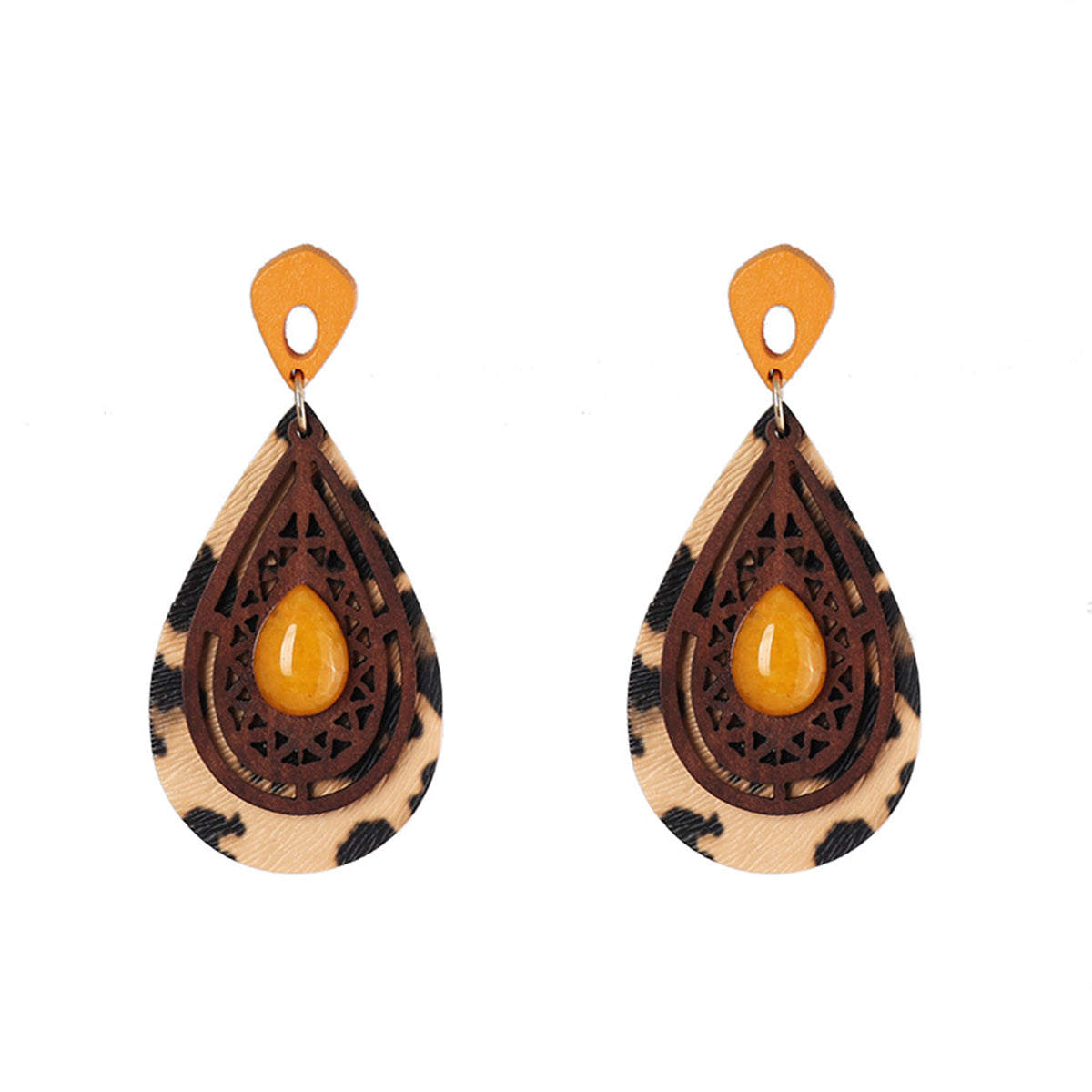 Yellow Resin & Wood Leopard Teardrop Earrings