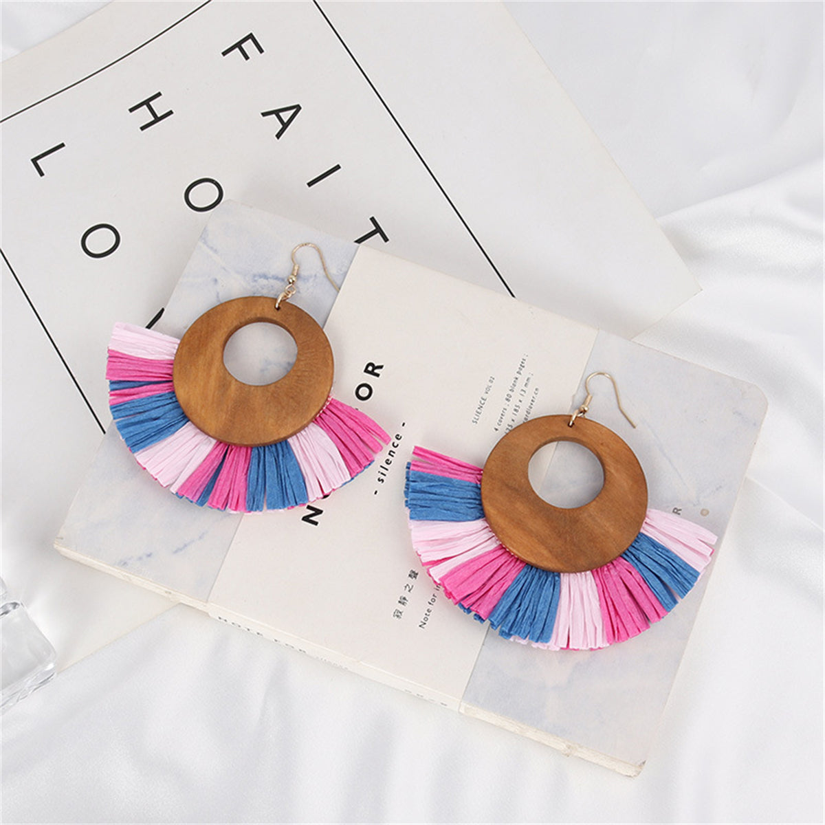 Pink Raffia & Wood Fan Drop Earrings