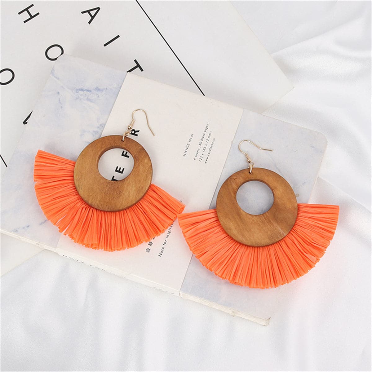 Orange Raffia & Wood Fan Drop Earrings