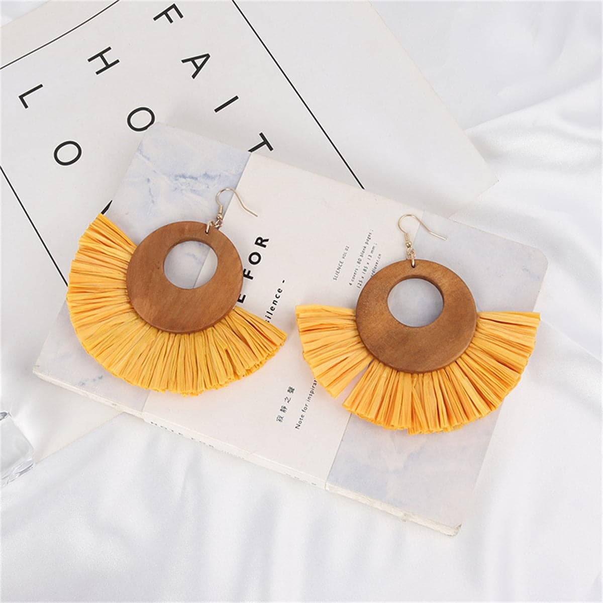 Yellow Raffia & Wood Fan Drop Earrings