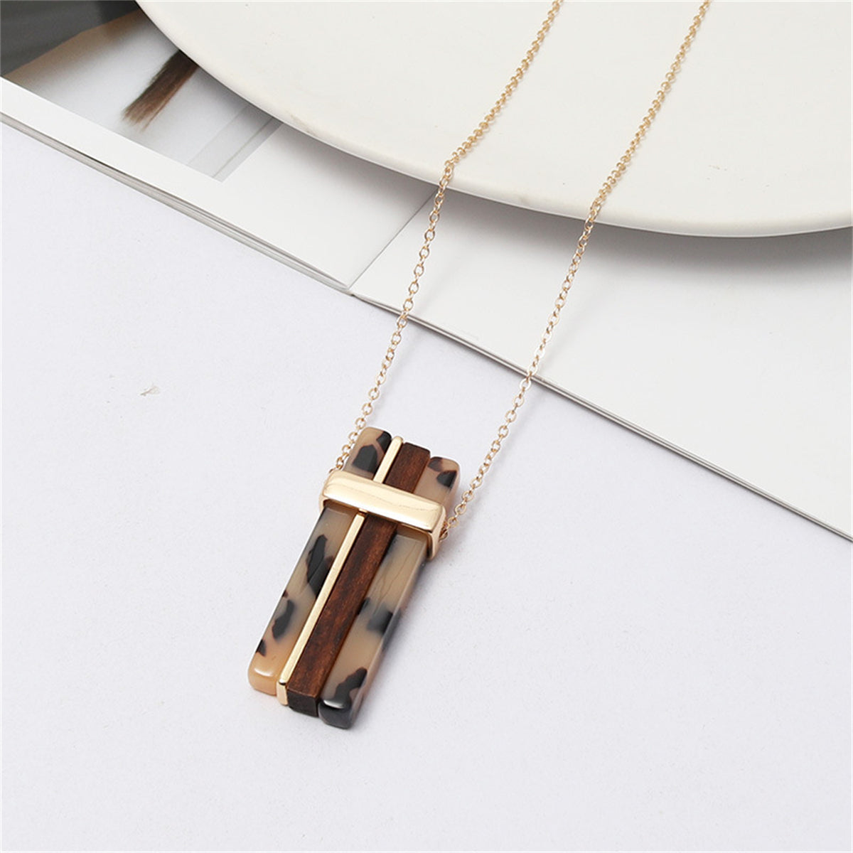 Coffee Resin & Wood 18K Gold-Plated Bars Pendant Necklace