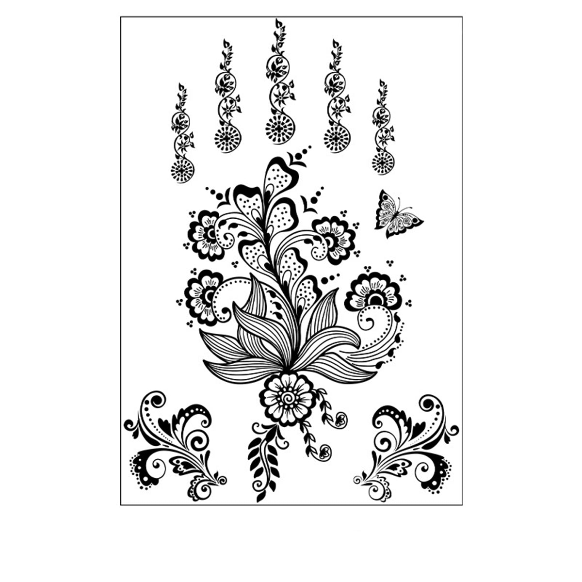 Black Lace-Print Botanical Temporary Tattoo Set - 5 Pcs