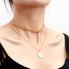 18K Gold-Plated Curb Chain Coin Layered Pendant Necklace