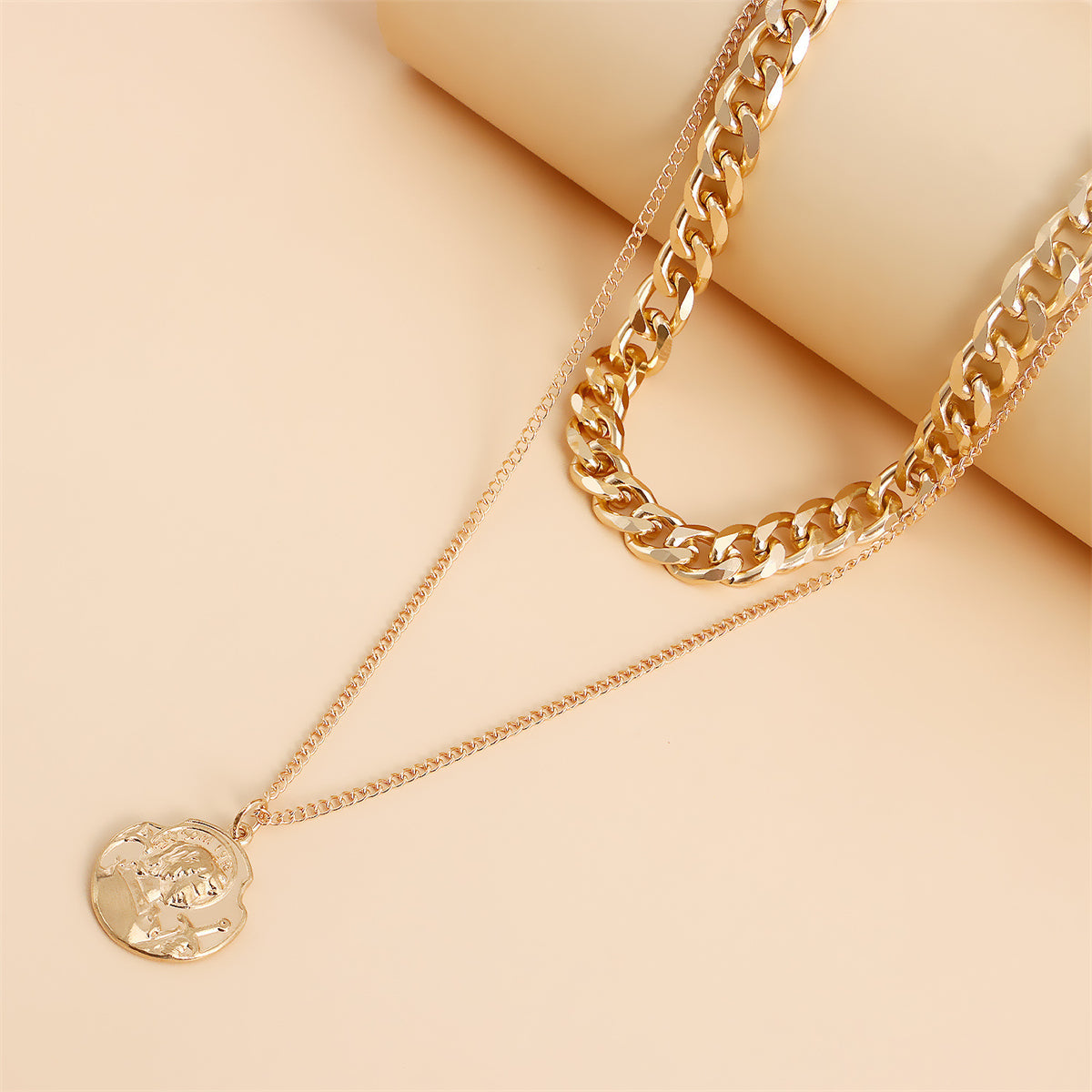 18K Gold-Plated Curb Chain Coin Layered Pendant Necklace