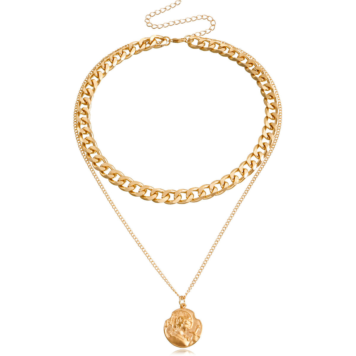 18K Gold-Plated Curb Chain Coin Layered Pendant Necklace