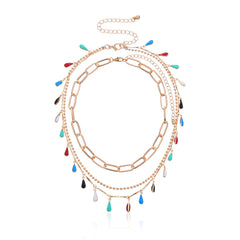 Teal Enamel & 18K Gold-Plated Multicolor Pear Layered Station Necklace Set