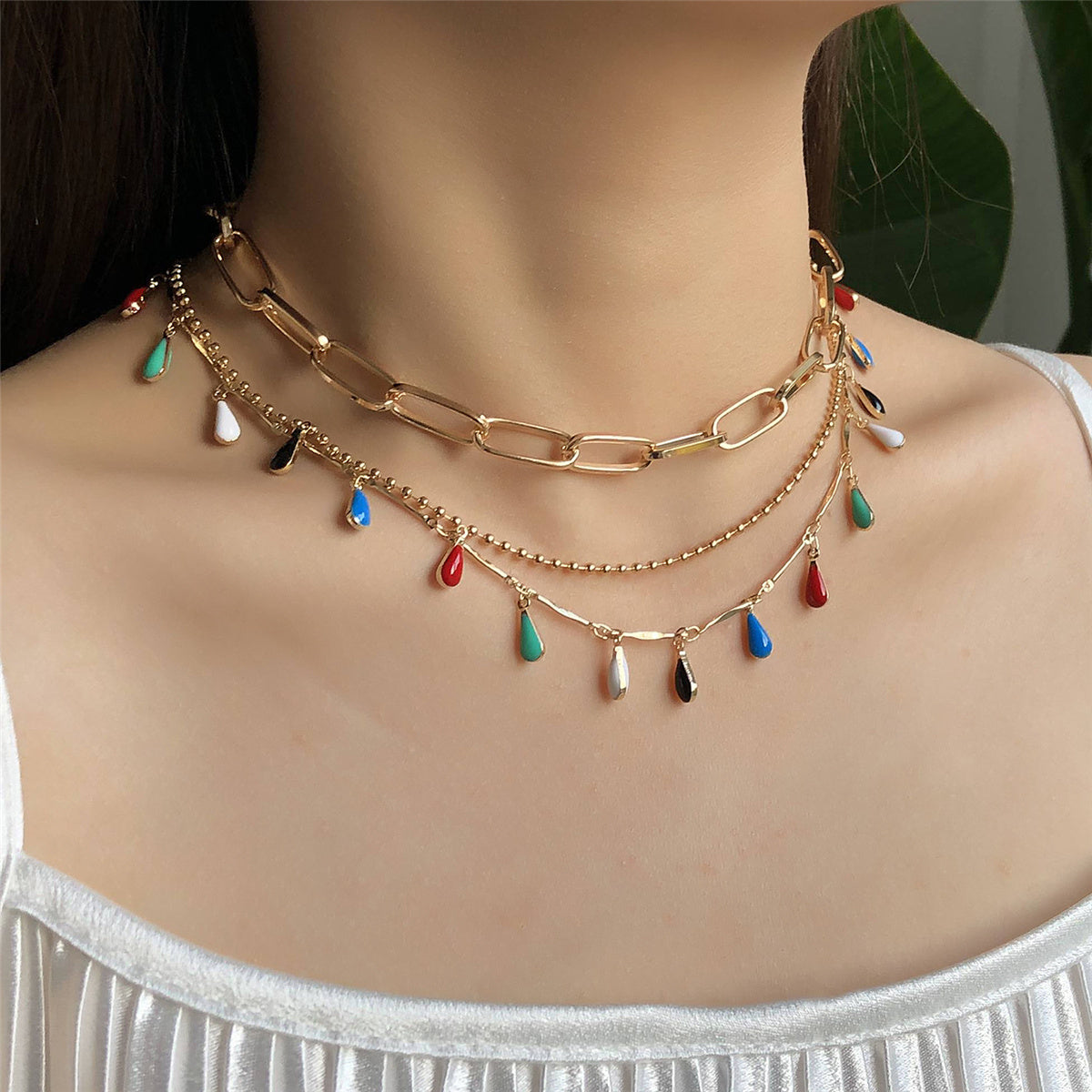 Teal Enamel & 18K Gold-Plated Multicolor Pear Layered Station Necklace Set