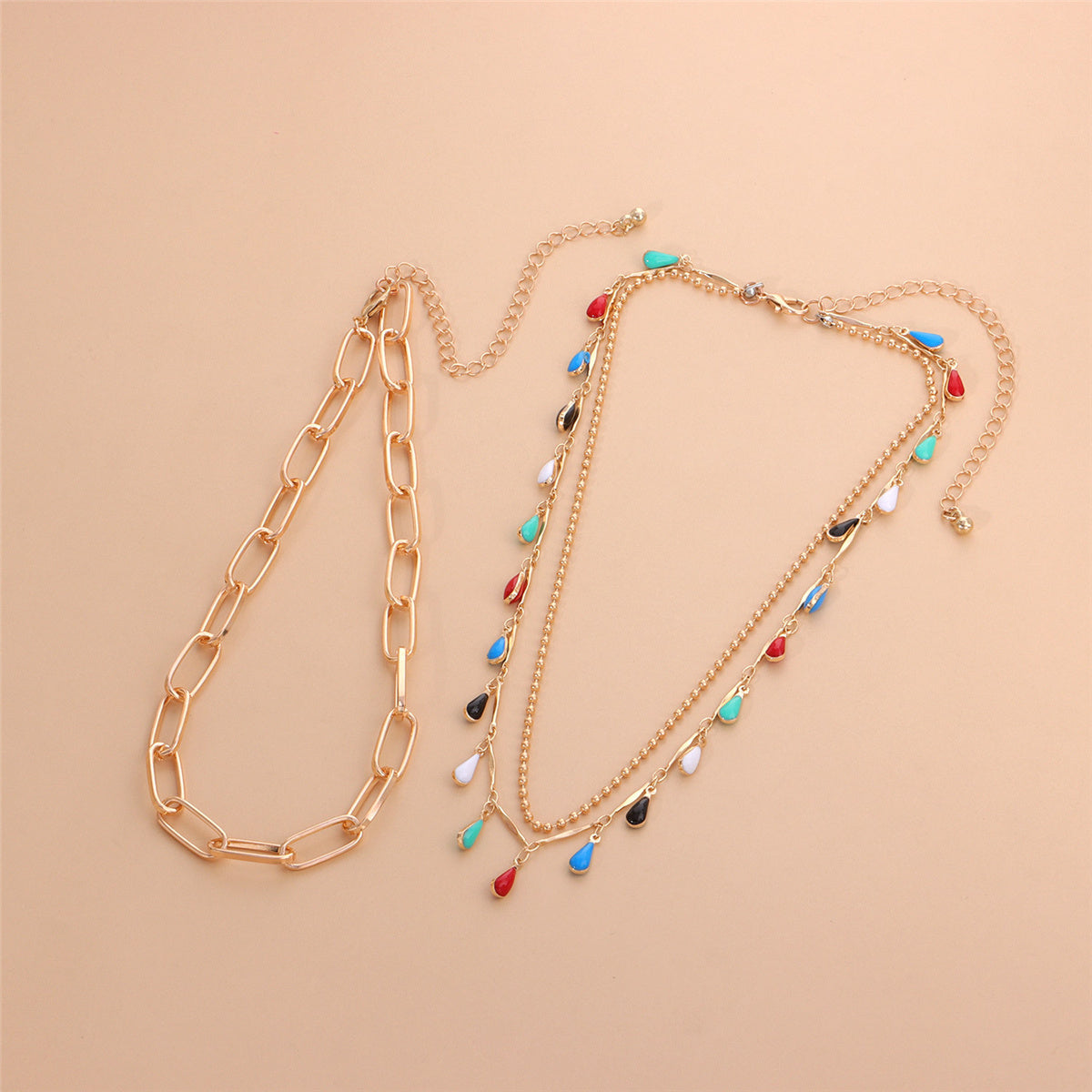 Teal Enamel & 18K Gold-Plated Multicolor Pear Layered Station Necklace Set