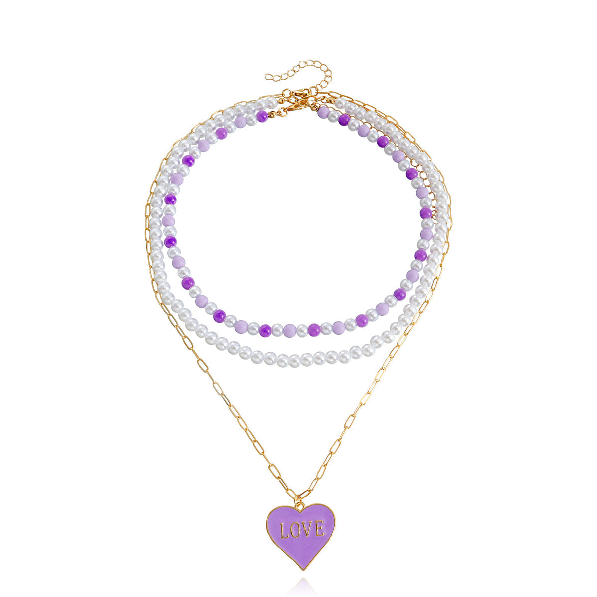 Purple Enamel & Pearl Heart Pendant Necklace Set