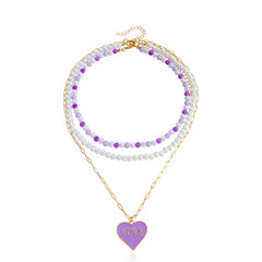 Purple Enamel & Pearl Heart Pendant Necklace Set