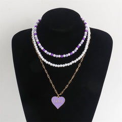 Purple Enamel & Pearl Heart Pendant Necklace Set